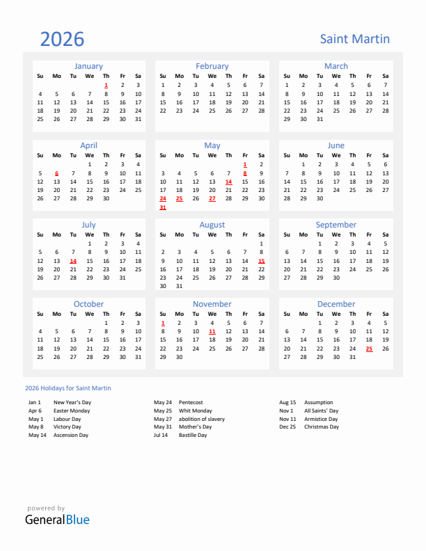 Basic Yearly Calendar with Holidays in Saint Martin for 2026 