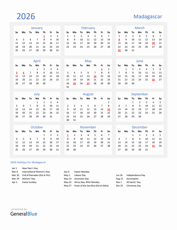 Basic Yearly Calendar with Holidays in Madagascar for 2026