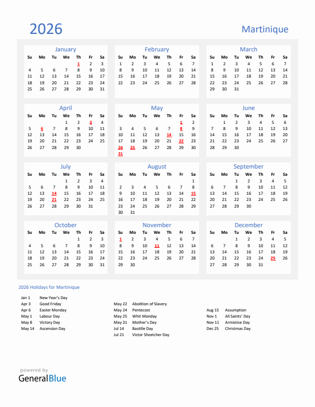 Basic Yearly Calendar with Holidays in Martinique for 2026