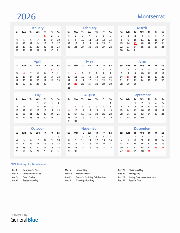 Basic Yearly Calendar with Holidays in Montserrat for 2026 