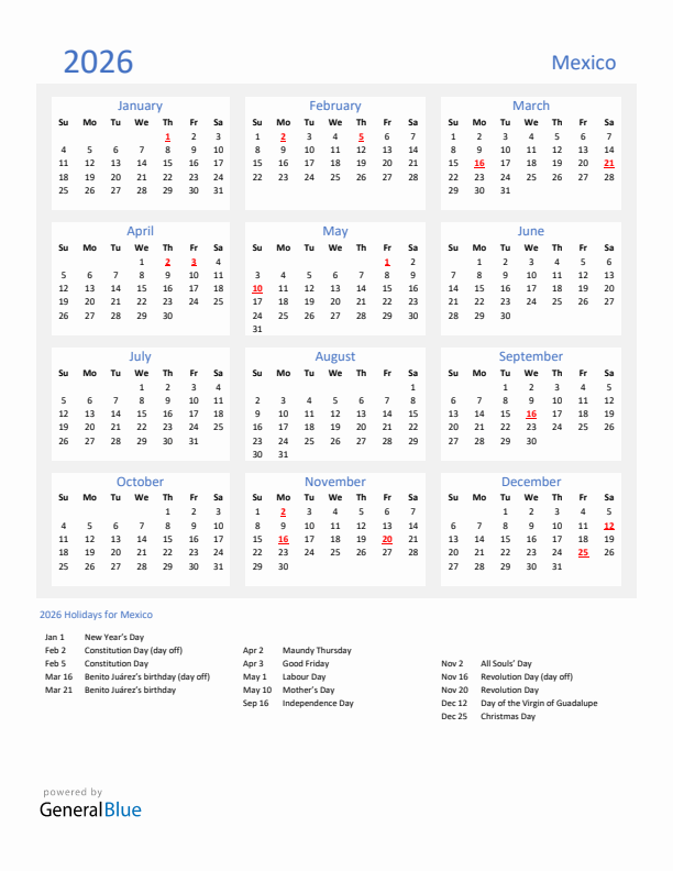 Basic Yearly Calendar with Holidays in Mexico for 2026