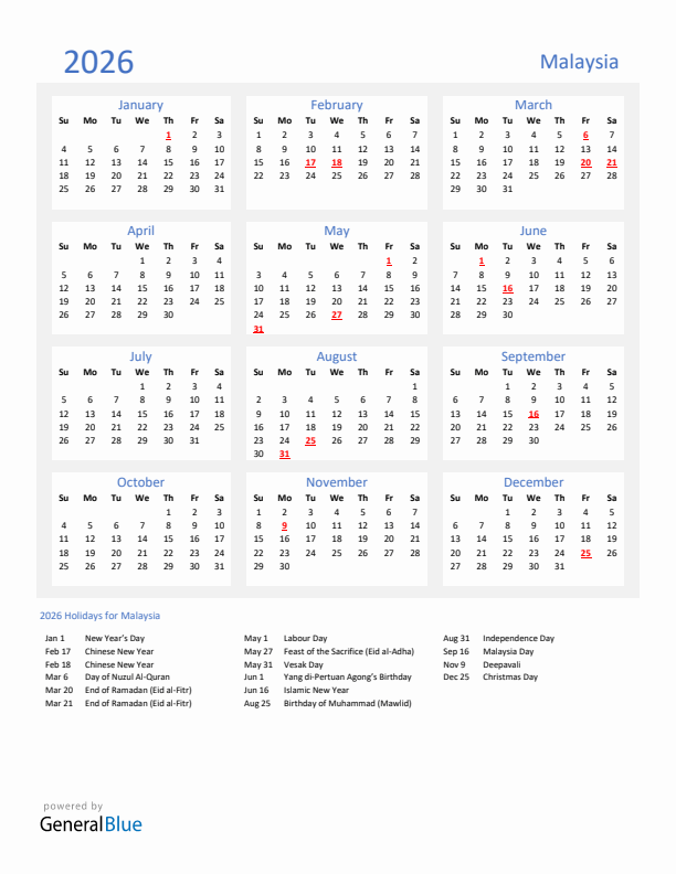 Basic Yearly Calendar with Holidays in Malaysia for 2026 