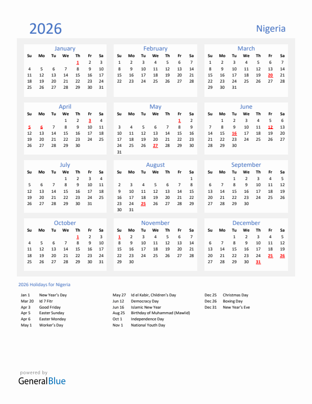 Basic Yearly Calendar with Holidays in Nigeria for 2026 