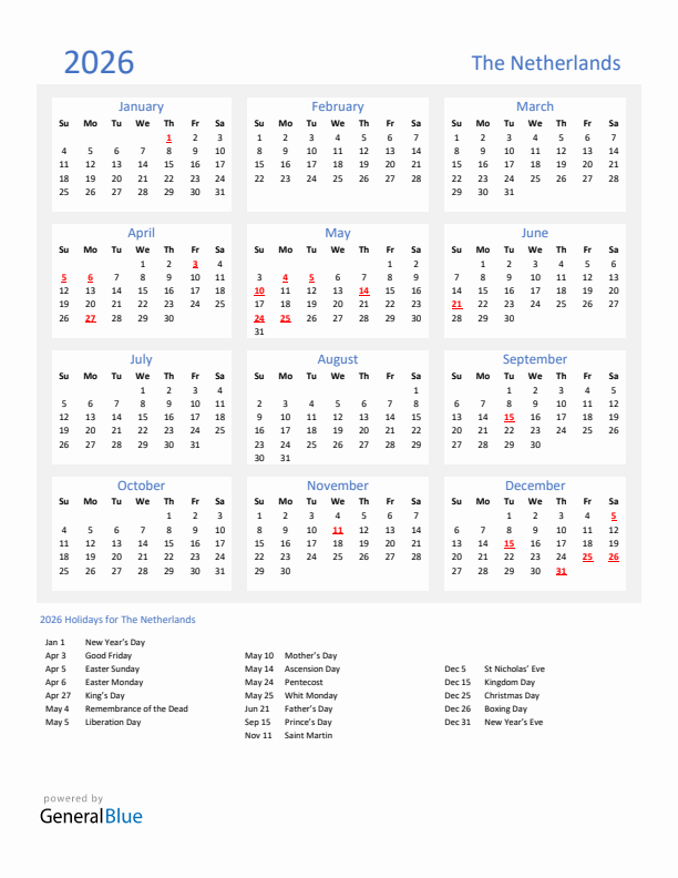 Basic Yearly Calendar with Holidays in The Netherlands for 2026