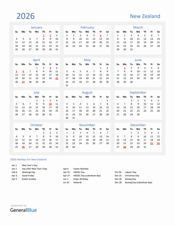 Basic Yearly Calendar with Holidays in New Zealand for 2026