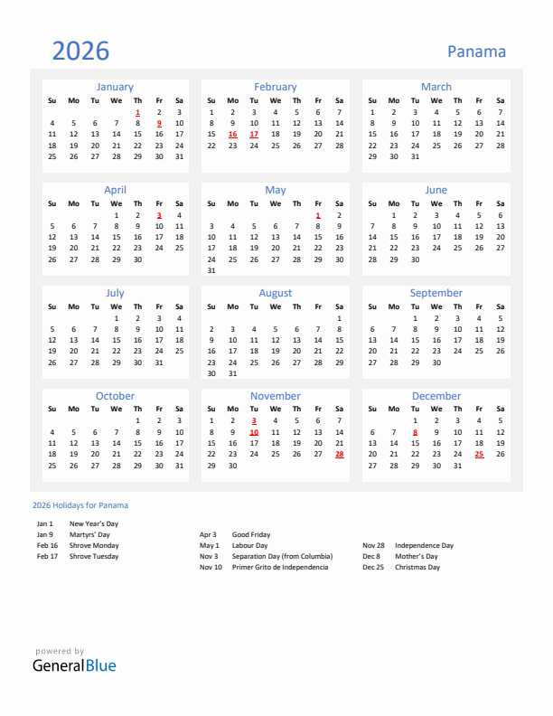 Basic Yearly Calendar with Holidays in Panama for 2026