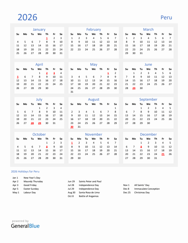 Basic Yearly Calendar with Holidays in Peru for 2026