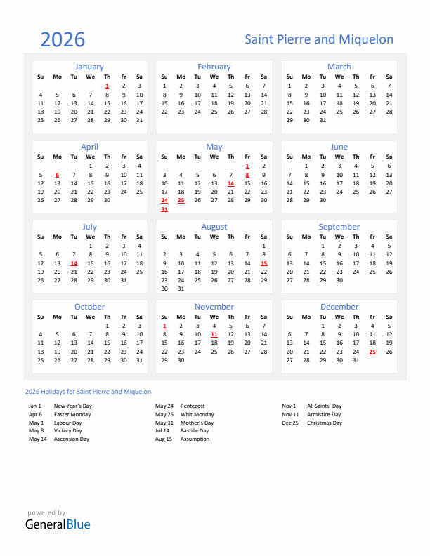 Basic Yearly Calendar with Holidays in Saint Pierre and Miquelon for 2026 
