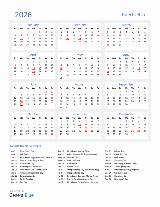 Basic Yearly Calendar with Holidays in Puerto Rico for 2026 