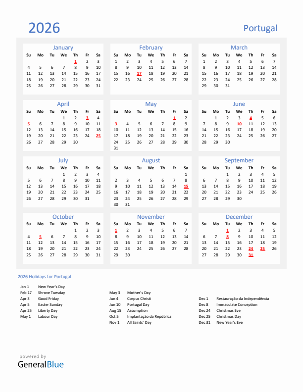 Basic Yearly Calendar with Holidays in Portugal for 2026
