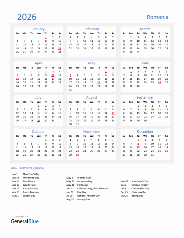 Basic Yearly Calendar with Holidays in Romania for 2026