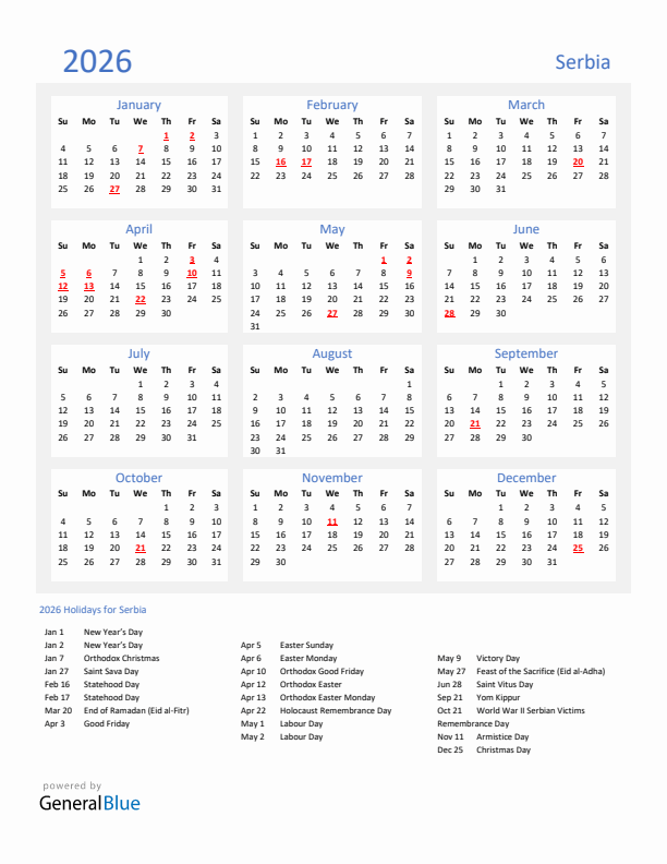 Basic Yearly Calendar with Holidays in Serbia for 2026