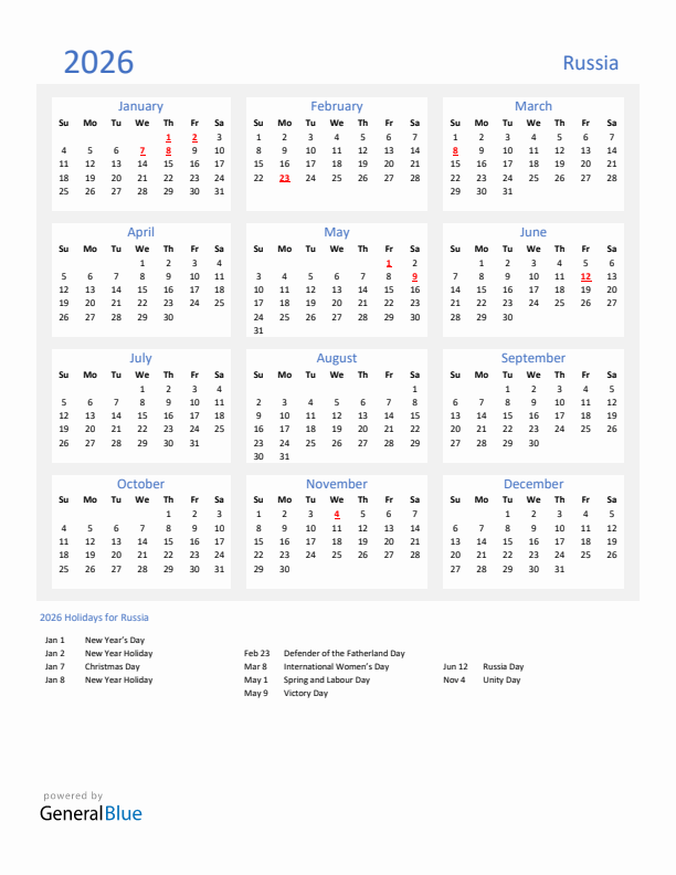 Basic Yearly Calendar with Holidays in Russia for 2026