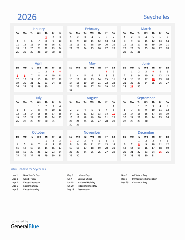 Basic Yearly Calendar with Holidays in Seychelles for 2026 