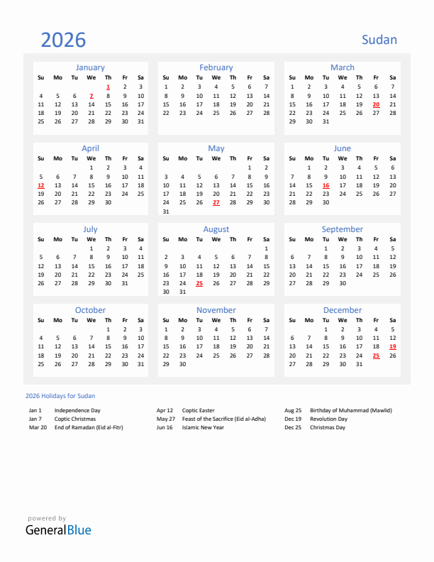 Basic Yearly Calendar with Holidays in Sudan for 2026 