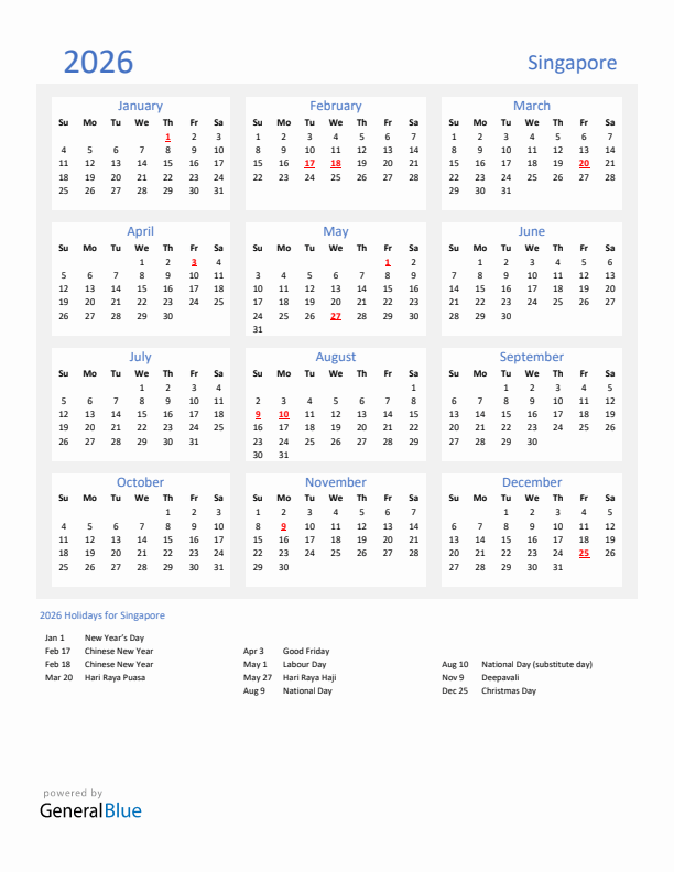 Basic Yearly Calendar with Holidays in Singapore for 2026