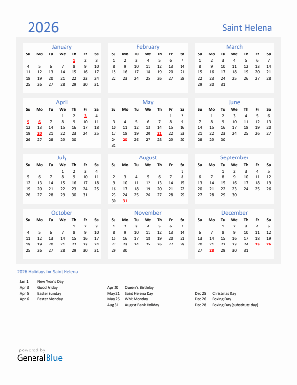 Basic Yearly Calendar with Holidays in Saint Helena for 2026