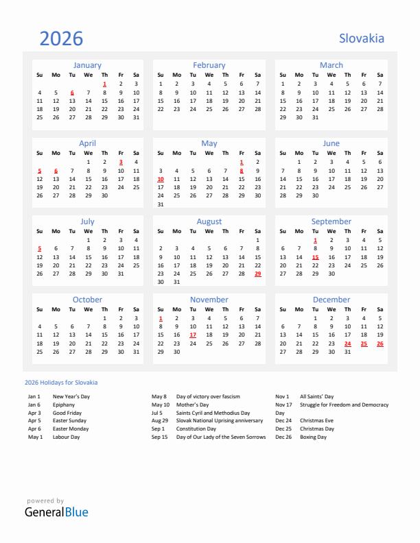 Basic Yearly Calendar with Holidays in Slovakia for 2026