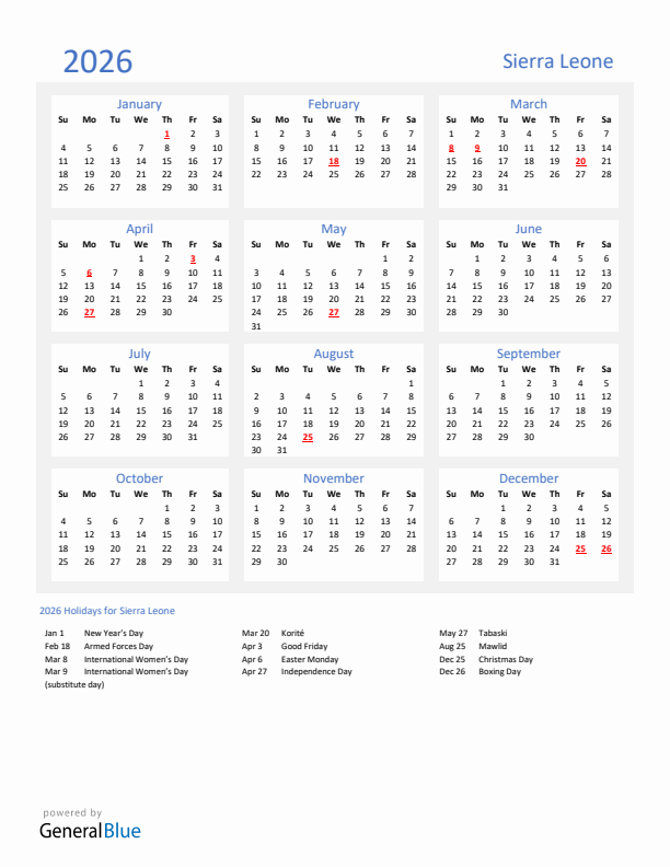 Basic Yearly Calendar with Holidays in Sierra Leone for 2026 