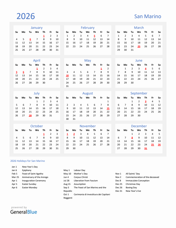 Basic Yearly Calendar with Holidays in San Marino for 2026