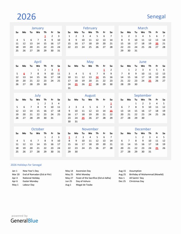 Basic Yearly Calendar with Holidays in Senegal for 2026 