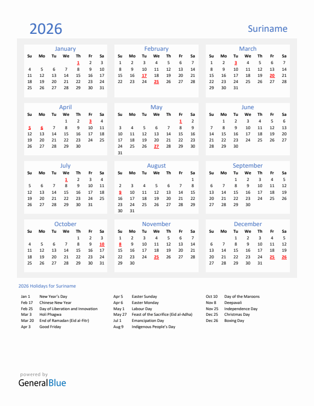 Basic Yearly Calendar with Holidays in Suriname for 2026 
