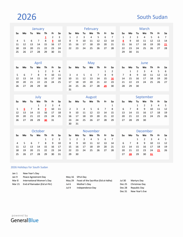 Basic Yearly Calendar with Holidays in South Sudan for 2026