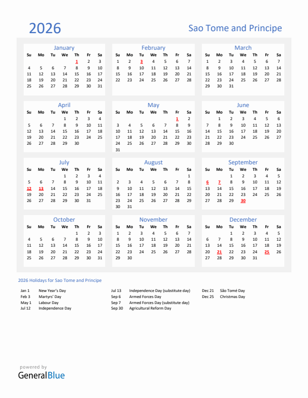 Basic Yearly Calendar with Holidays in Sao Tome and Principe for 2026 