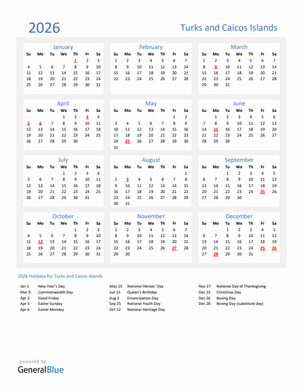 Basic Yearly Calendar with Holidays in Turks and Caicos Islands for 2026 