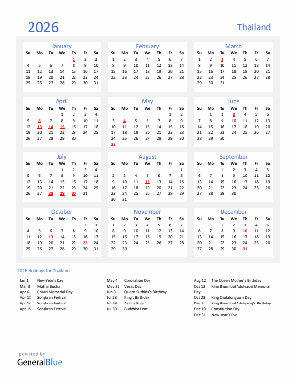 Basic Yearly Calendar with Holidays in Thailand for 2026 