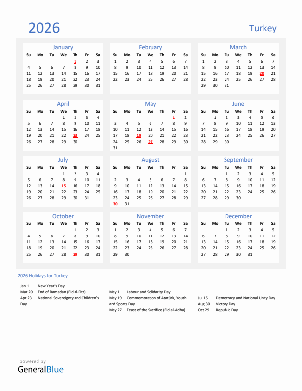 Basic Yearly Calendar with Holidays in Turkey for 2026