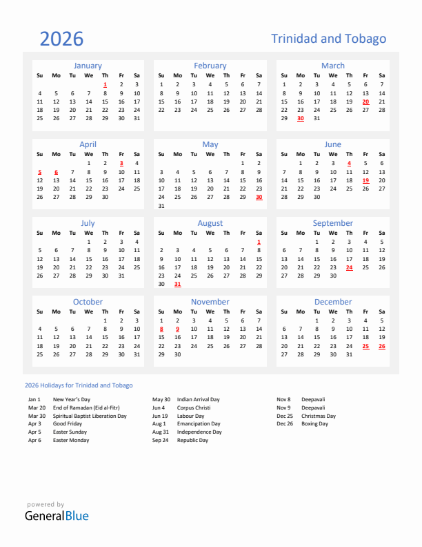 Basic Yearly Calendar with Holidays in Trinidad and Tobago for 2026 