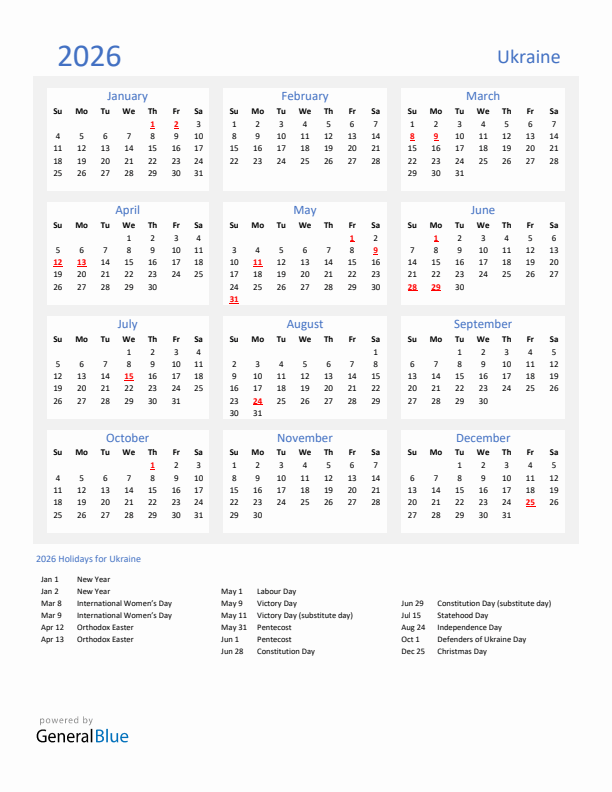 Basic Yearly Calendar with Holidays in Ukraine for 2026