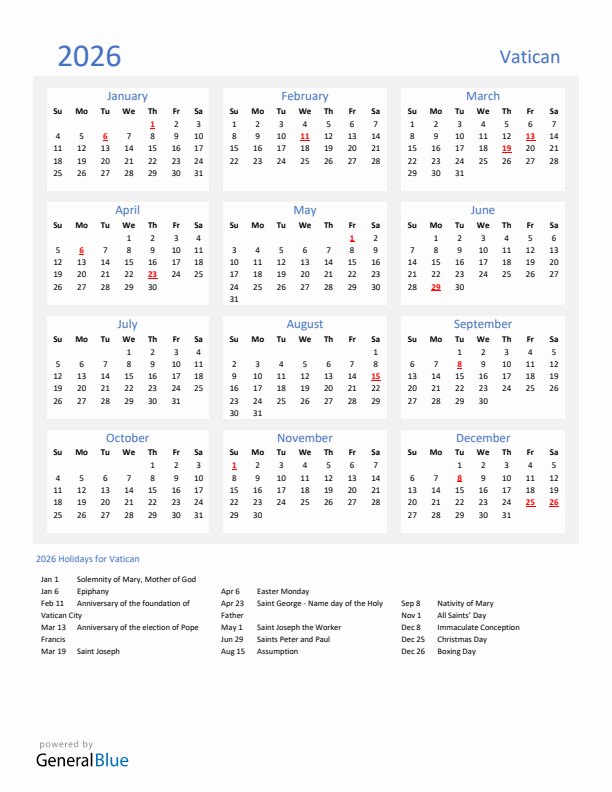 Basic Yearly Calendar with Holidays in Vatican for 2026