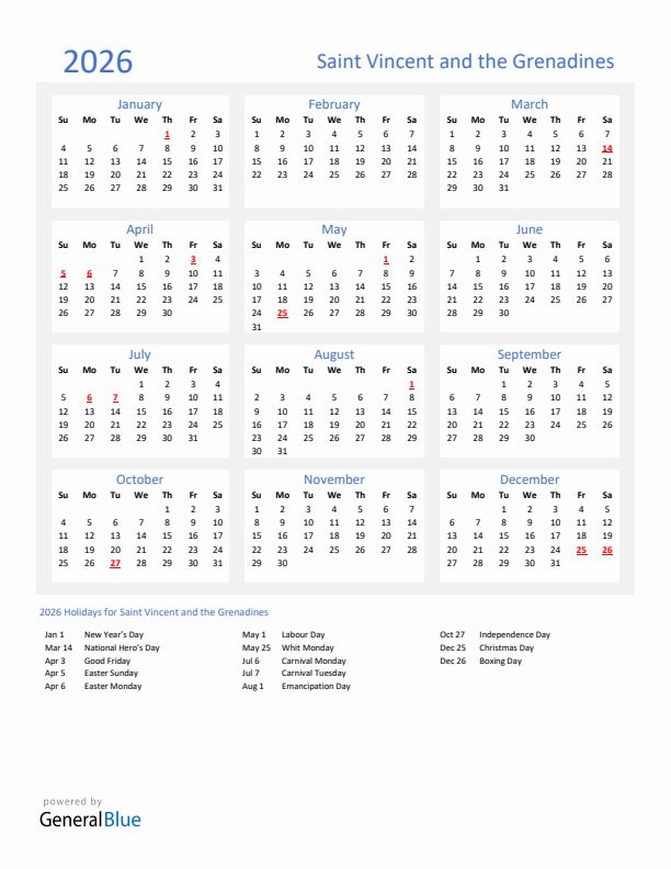 Basic Yearly Calendar with Holidays in Saint Vincent and the Grenadines for 2026 