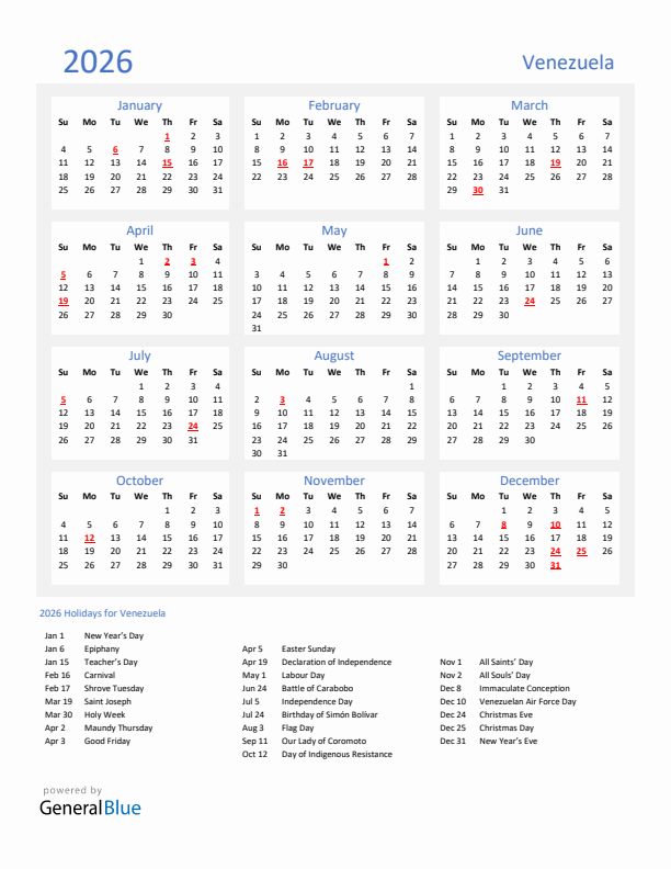Basic Yearly Calendar with Holidays in Venezuela for 2026