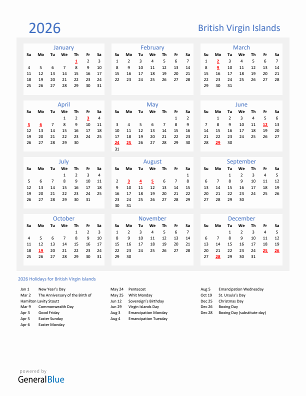 Basic Yearly Calendar with Holidays in British Virgin Islands for 2026 