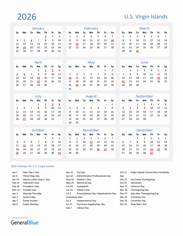 Basic Yearly Calendar with Holidays in U.S. Virgin Islands for 2026 