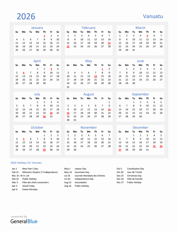 Basic Yearly Calendar with Holidays in Vanuatu for 2026 
