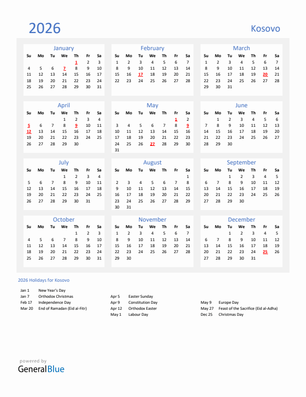 Basic Yearly Calendar with Holidays in Kosovo for 2026