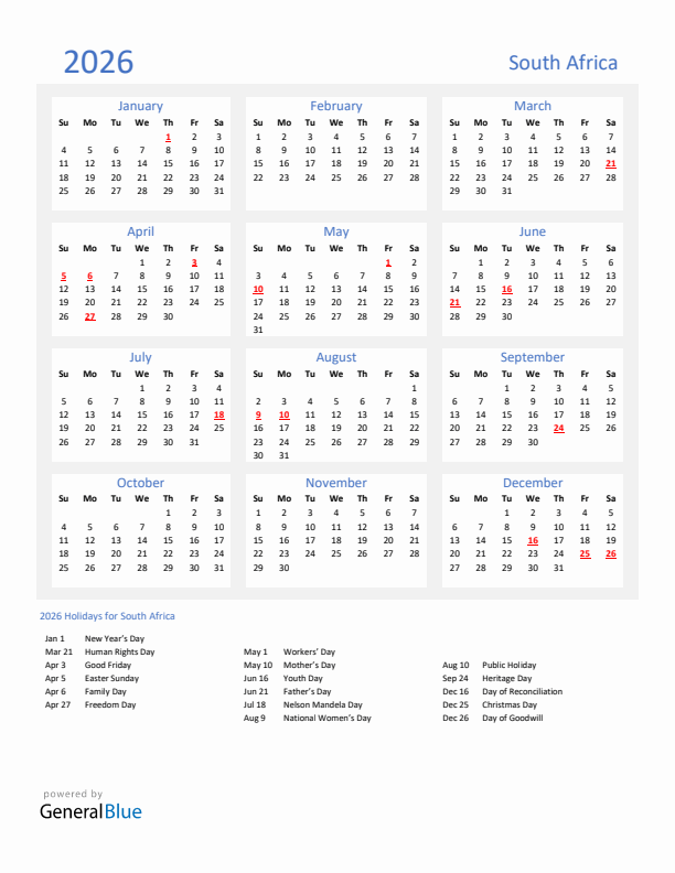 Basic Yearly Calendar with Holidays in South Africa for 2026
