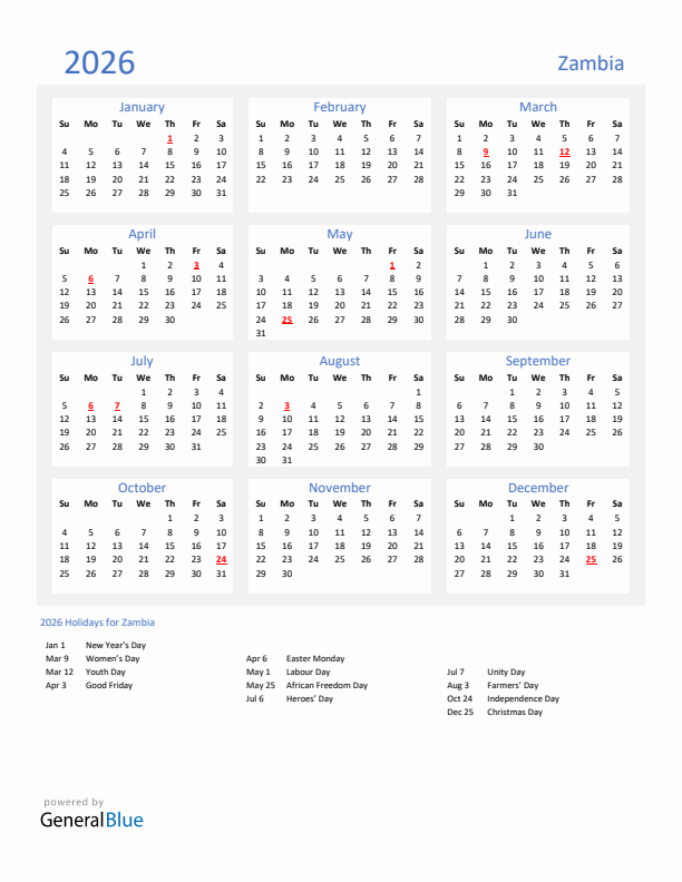 Basic Yearly Calendar with Holidays in Zambia for 2026