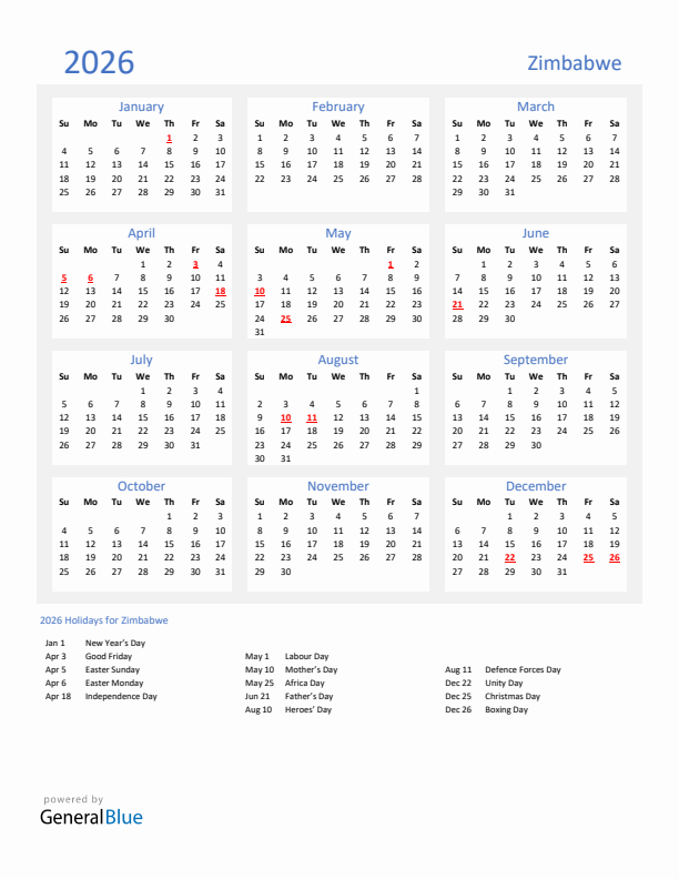 Basic Yearly Calendar with Holidays in Zimbabwe for 2026