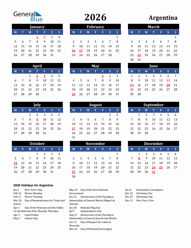 2026 Argentina Holiday Calendar