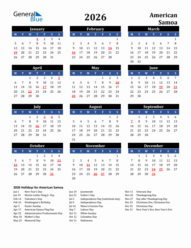 2026 American Samoa Holiday Calendar