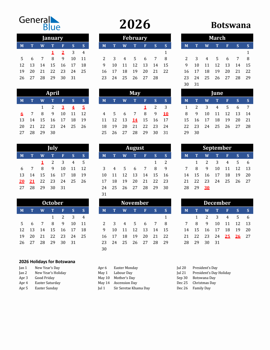 2026 Botswana Holiday Calendar - Monday Start