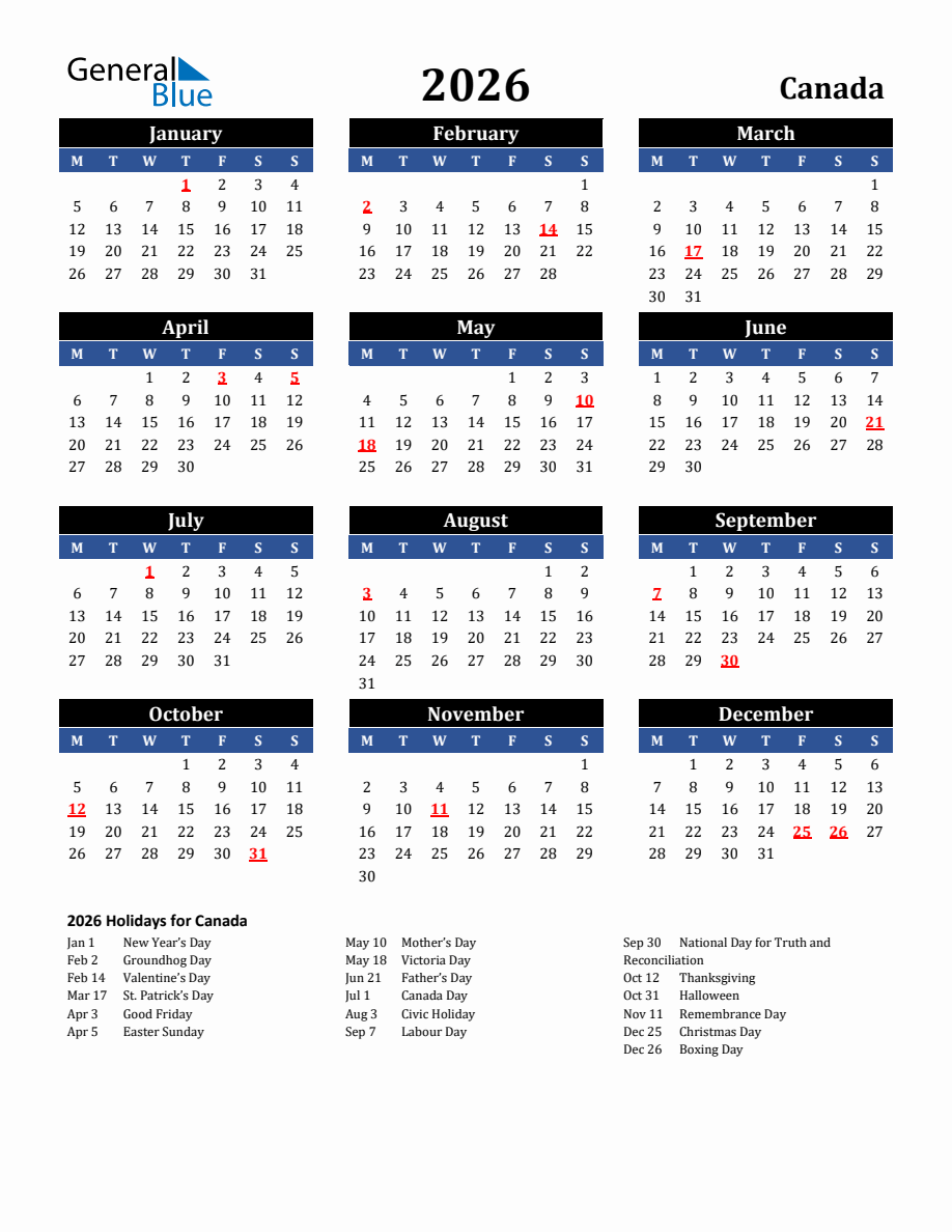 2026 canada holiday calendar - monday start