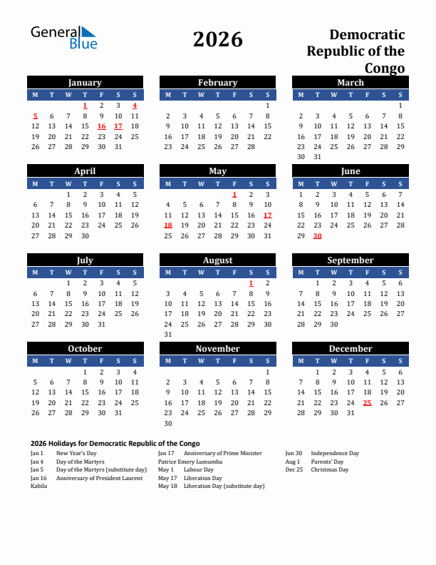 2026 Democratic Republic of the Congo Holiday Calendar