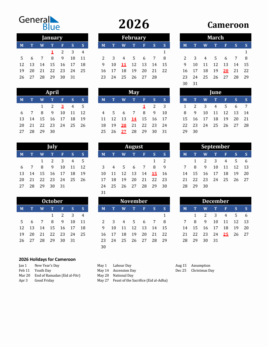 2026 Cameroon Holiday Calendar Monday Start 2026-cameroon-holiday-calendar-monday-start