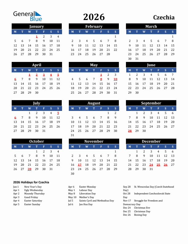 2026 Czechia Holiday Calendar